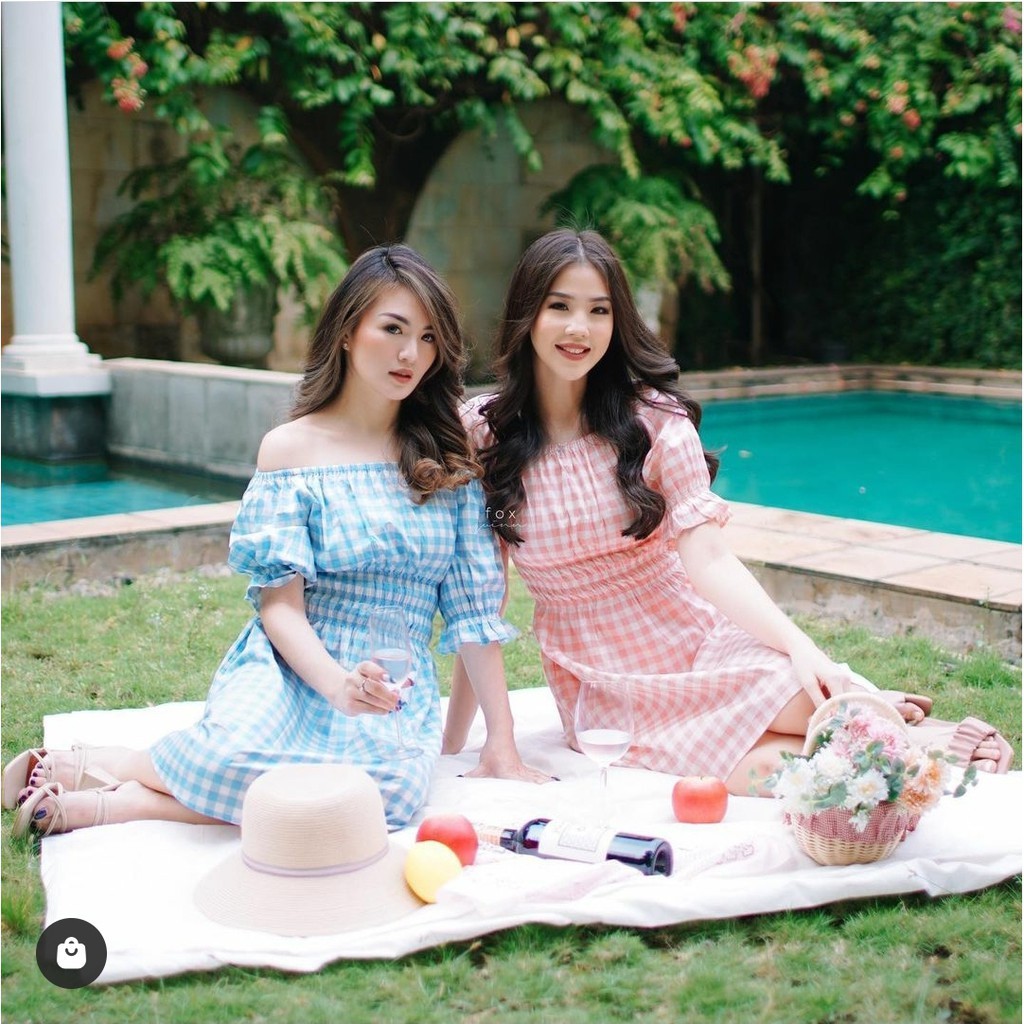 Dress Wanita Korean Style Casual Dress Dasom Lengan Pendek Kotak Kotak Korea Kekinian Fashion Wanita