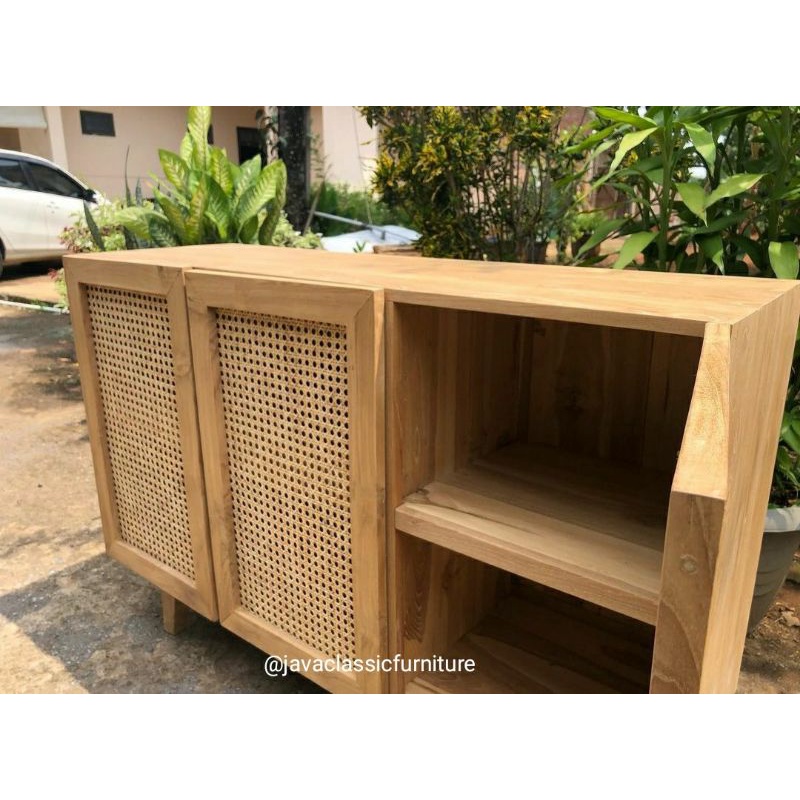 BUFET TV RETRO ROTAN NAKAS MINIMALIS ROTTAN BAHAN KAYU JATI SOLID UKURAN 150x45x80 cm-2