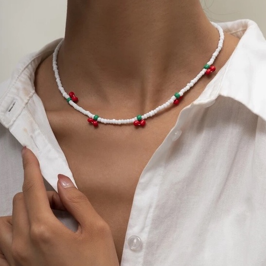 Cherry Beads Necklace | Kalung Manik manik Korea Adjustable, Perhiasan Wanita Pria Kekinian, Gaya Vi