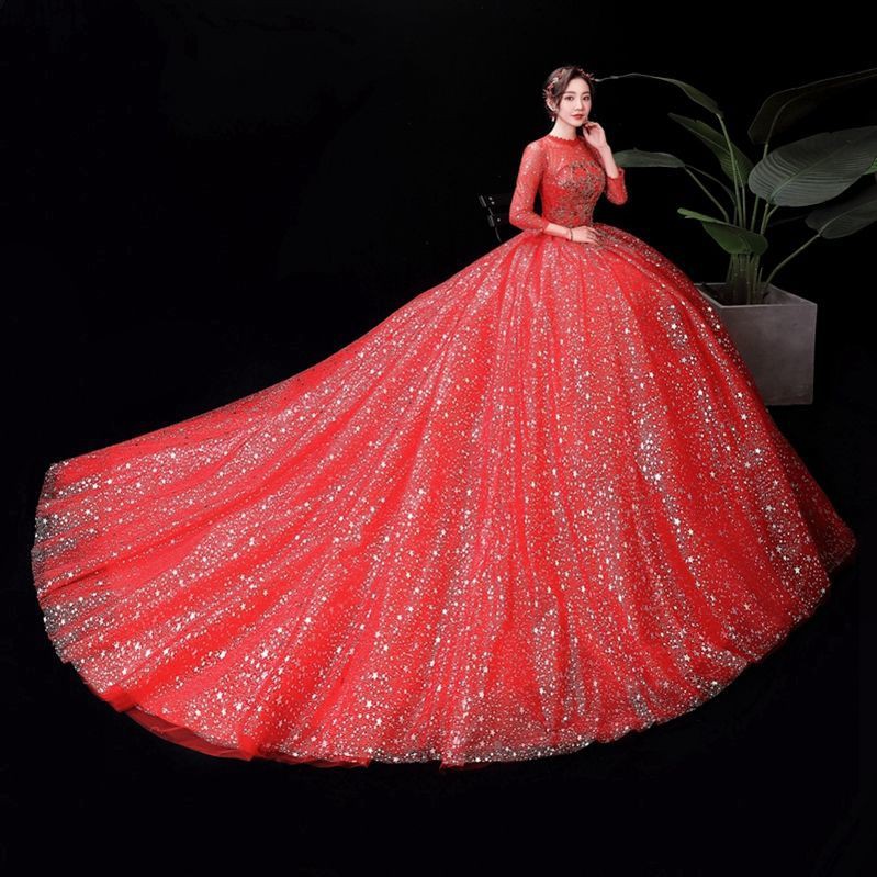 157 Women Fashion Red 3/4 Sleeve Long Tail Lace Wedding Dress