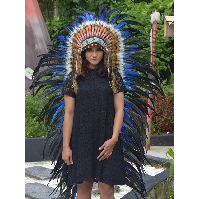 TOPI INDIAN - INDIAN HEADDRESS LONG AYAM MONTE BIRU PUTIH LORENG