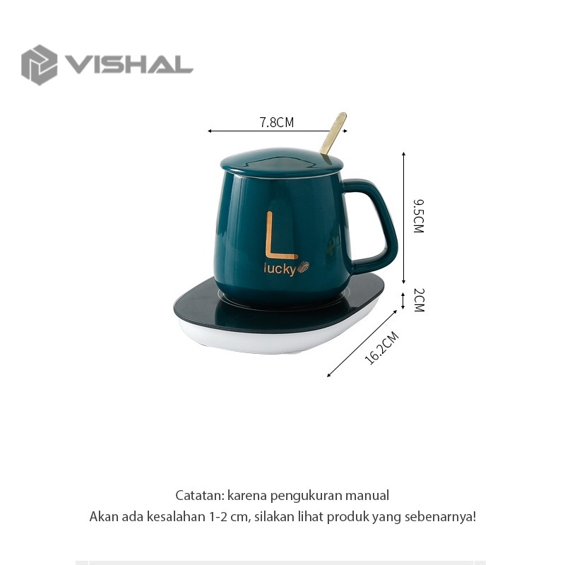 VISHAL Mug Cangkir Elektrik Set Keramik Pemanas 55 Derajat Penghangat Kopi Gelas Mewah Keramik Listrik dan Sendok VS-1847