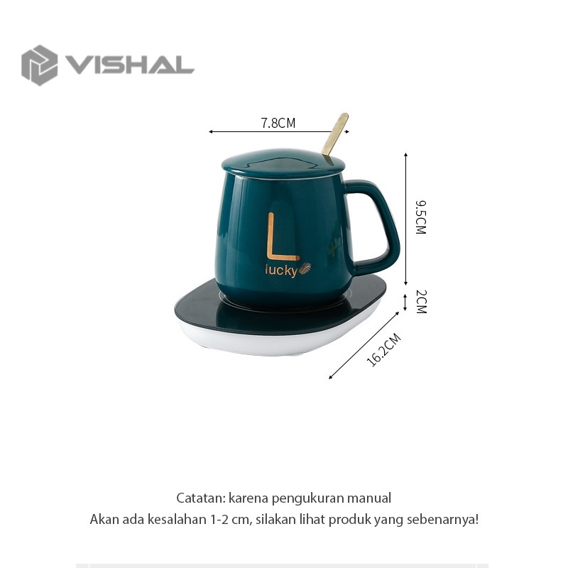 VISHAL Mug Cangkir Elektrik Set Keramik Pemanas 55 Derajat Penghangat Kopi Gelas Mewah Keramik Listrik dan Sendok VS-1847