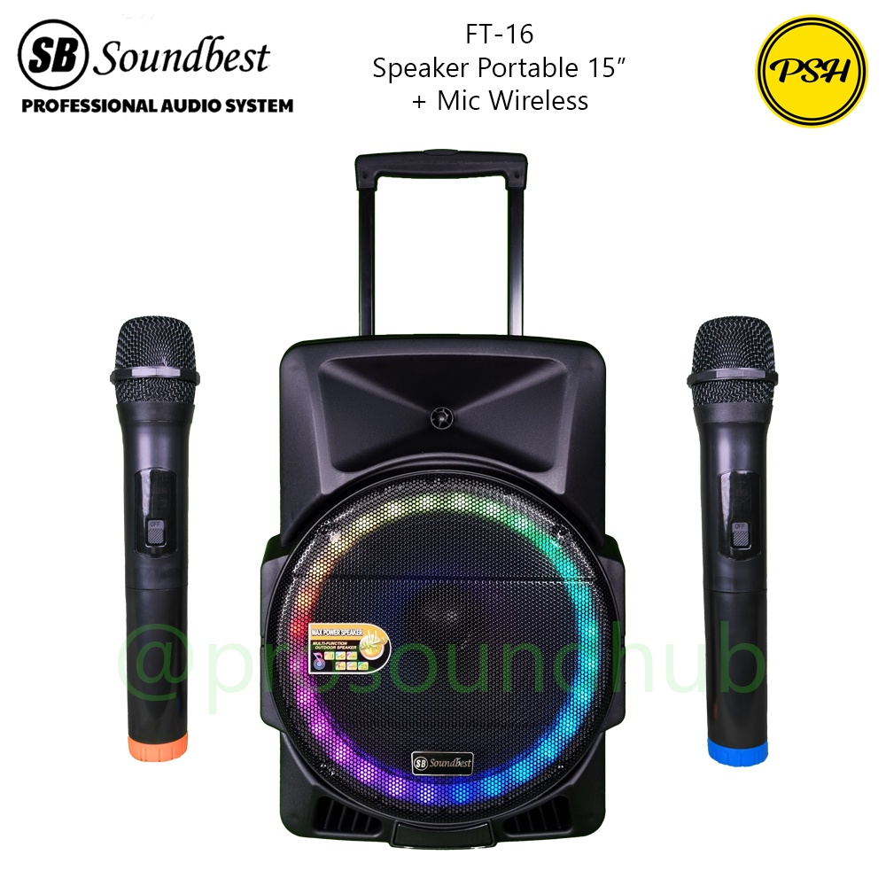 Soundbest FT-16 FT16 Speaker Portable Wireless Mic 15" 15 Inch Roda Trolley