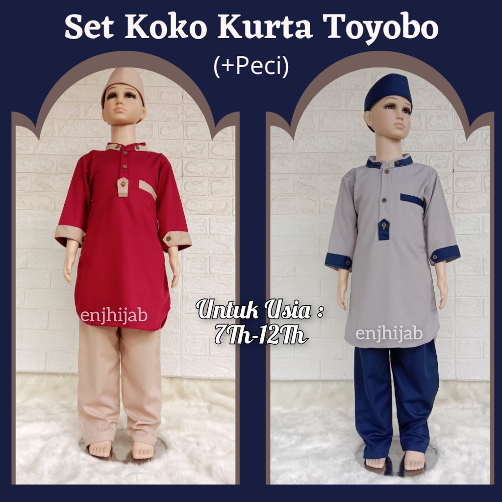 JJ Moslem Koko Kurta Set Anak Laki Laki Plus Peci 7 Sampai 12 Tahun Bahan Toyobo