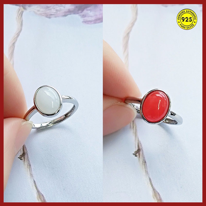 Cincin Sterling Silver 925 Model Terbuka Adjustable Dengan Giok Merah / Putih Untuk Wanita