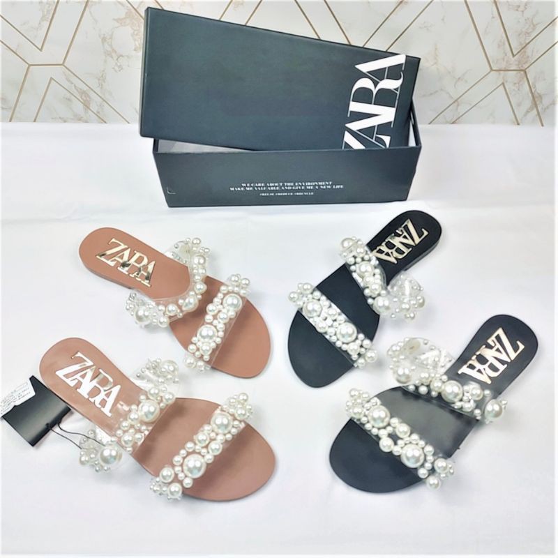 Zara pearl flat double strap sandal mutiara
