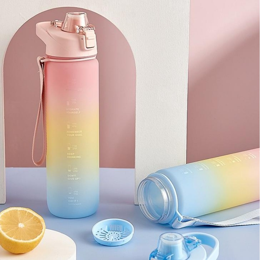 BPA FREE Botol Minum Tumbler Olahraga Sport Unik 1L FREE Stiker 2D+3D / Botol Motivasi 1000ML / Botol Penanda Gradient Gradasi CBKS-3