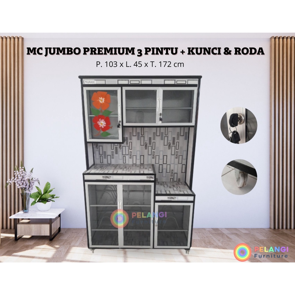 LEMARI / RAK PIRING JUMBO PREMIUM + KUNCI & RODA (3 PINTU)