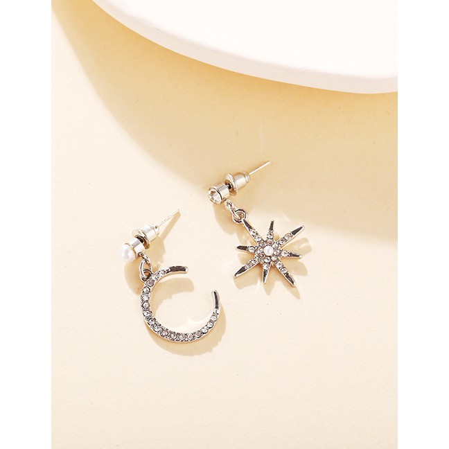 LRC Anting Tusuk Fashion Silver Octagon Star Moon Diamond Asymmetric Earrings 19