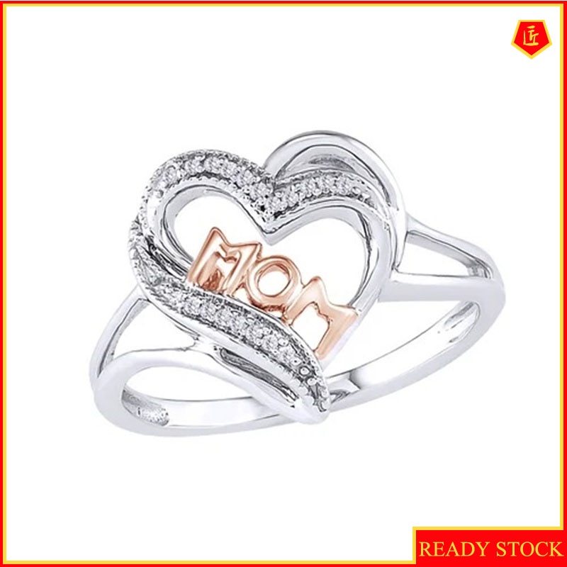 [Ready Stock]Love Mom Heart-Shaped Diamond Ring Minimalist Creative Two-Tone