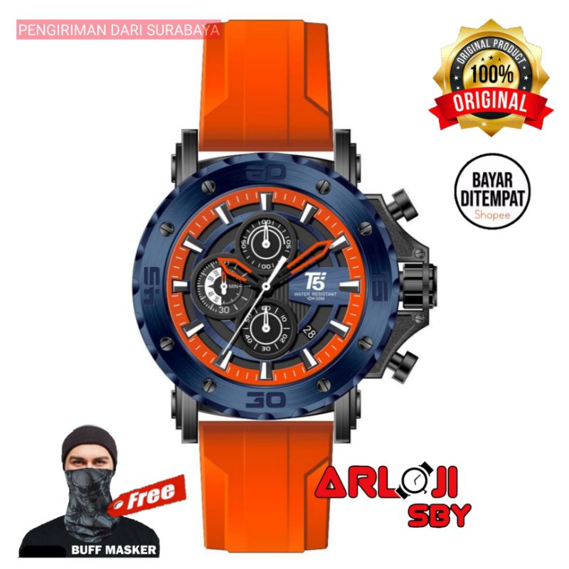 JAM TANGAN PRIA T5 H3865 CHRONOGRAPH ORIGINAL TAHAN AIR 3 ATM BLACK BLUE ROSE FREE BOX PAPPER BAG