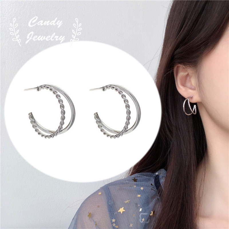 Anting S925 Silver Needle Model Double Ring Gaya Retro Korea Selatan Anti Alergi Untuk Wanita