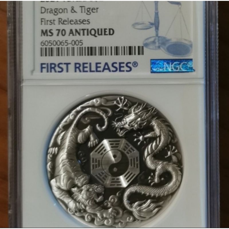 NGC MS 70 Tuvalu $20 2021 koin perak silver 2 oz Antiqued Dragon Tiger