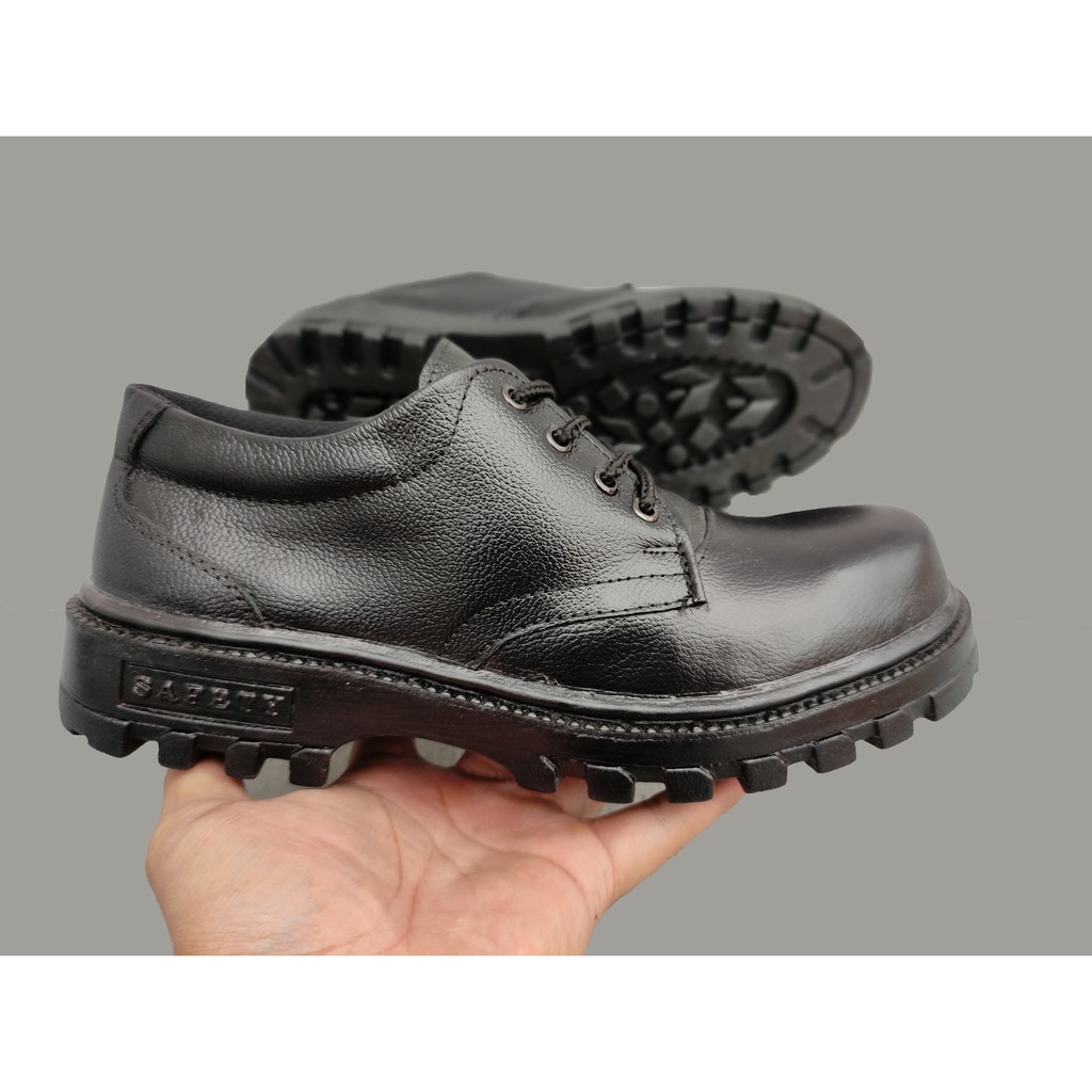 SEPATU BOOTS PENDEK SAFETY KULIT HITAM ASLI UJUNG BESI MODEL TERBARU