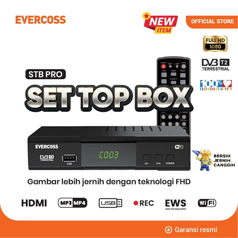 STB Evercoss Pro Megabox Set Top Box Siaran Digital DVB-T2 Full HD Youtube Wifi Receiver