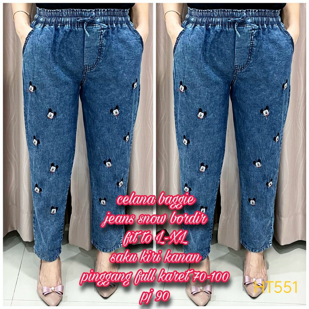 HT551 Celana Wanita Jeans Denim Baggie Mickey Mouse Pinggang Karet Fit L-XL Saku Kiri Kanan