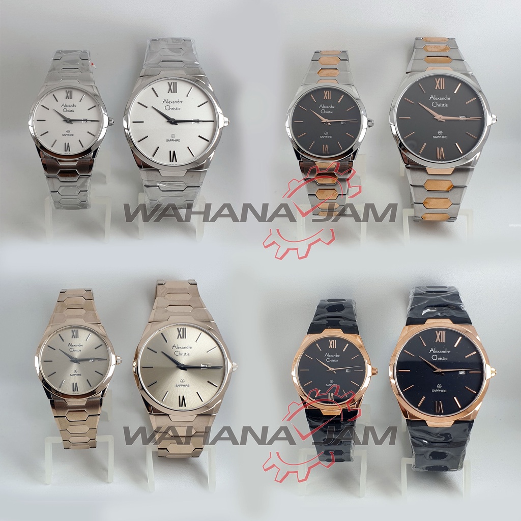 Alexandre Christie AC 8542 MD LD/ Jam Tangan Couple AC8542 Pria Wanita Pasangan Rantai Kaca Sapphire
