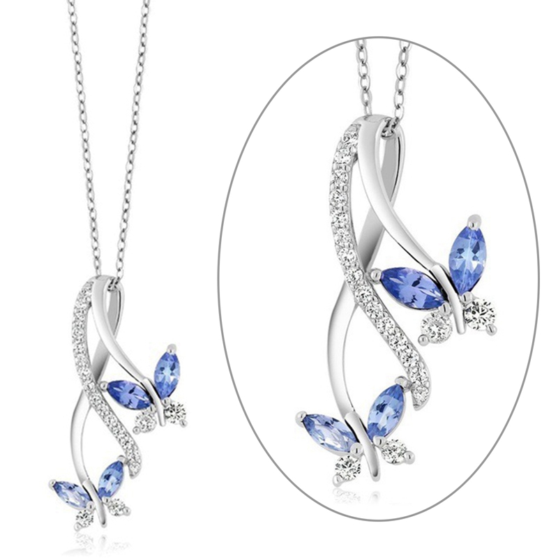 Kalung Rantai Silver 925 Dengan Liontin Batu Permata King Blue Tanzanite Butterfly Ukuran 18 Inci