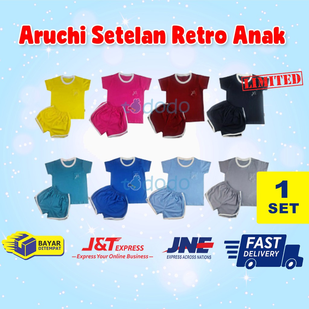 Baju Bayi Setelan Pendek Retro Anak Aruchi Set Kaos Pocket Tee 1-3 Tahun