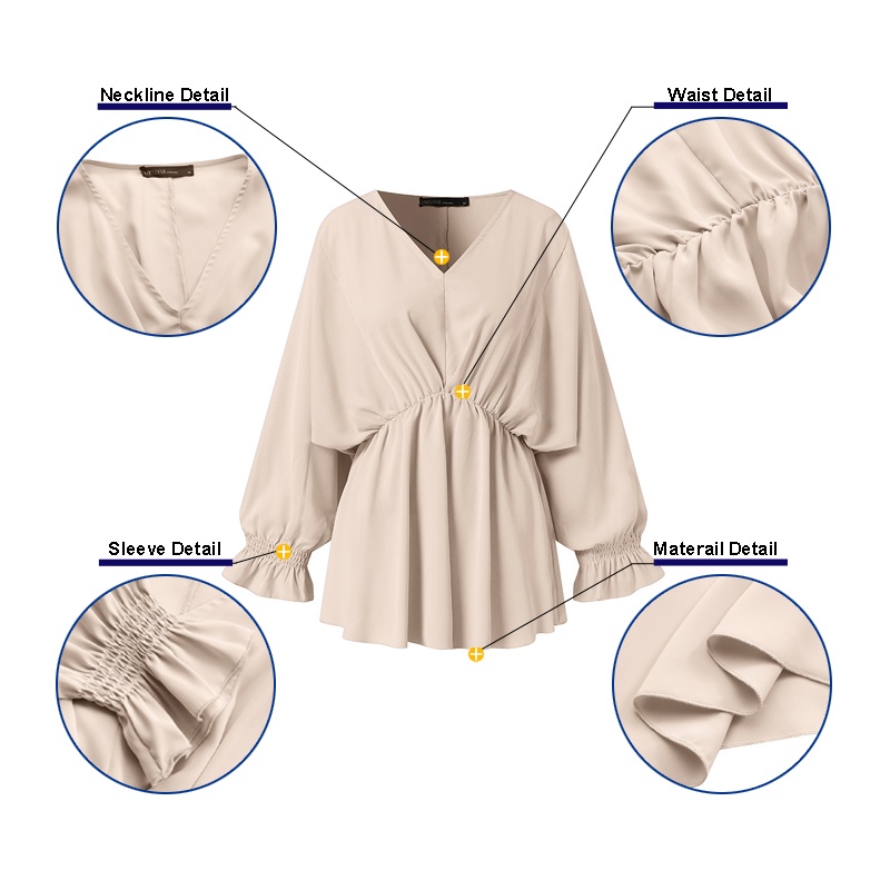 ZANZEA Women V Neck Casual Elastic Waist Lantern Sleeve Ruffles Hem Korea Blouse