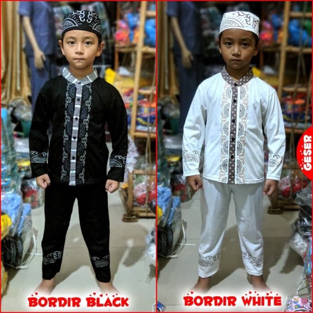 Pakaian Muslim Anak BORDIR PUTIH / Baju Koko Gamis Anak Berkelas