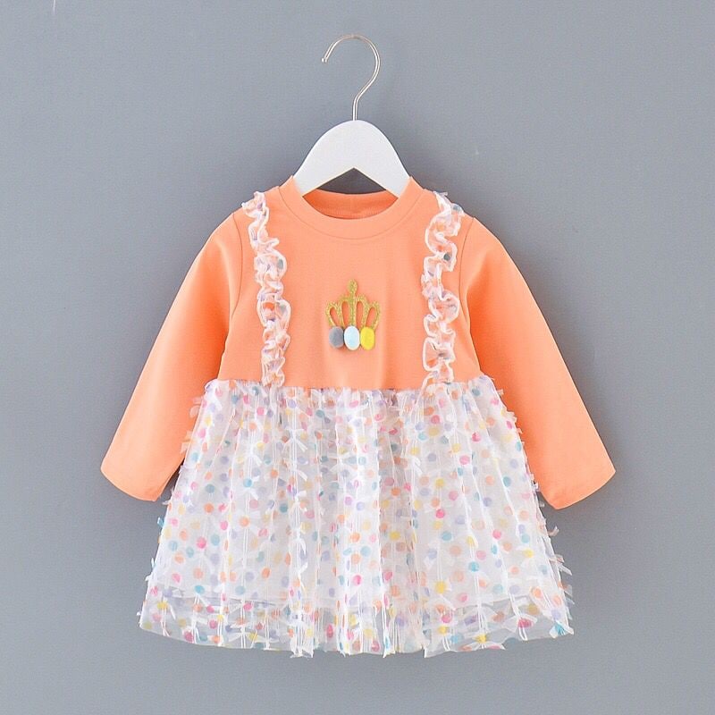 Promo !! Dress anak cewek lucu / dress pompom ball crown ukuran 6bulan - 2tahun / Dress import anak / Dress trendy anak cewek