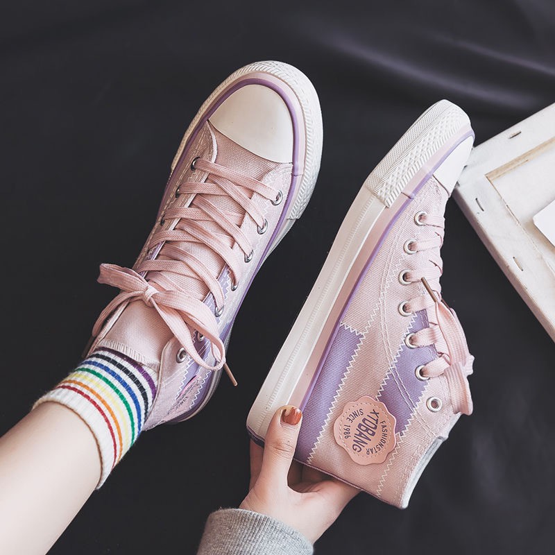 MFI Sepatu Sneakers Wanita Import Korea Model High Top Bahan Kanvas Warna Pink Ungu Dapat 2 Tali Sepatu