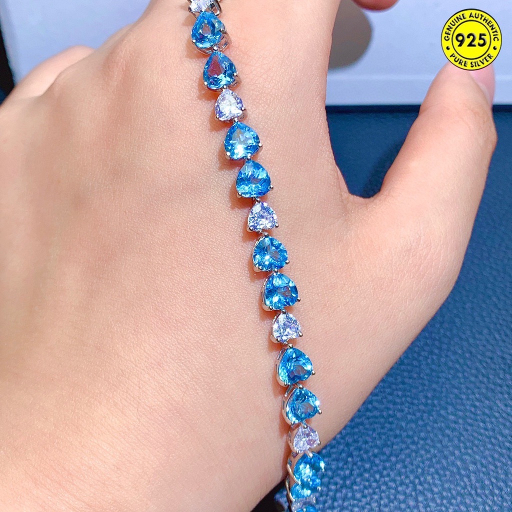 Gelang Tangan Batu Topaz Biru Aquamarine Alami Mewah Untuk Wanita