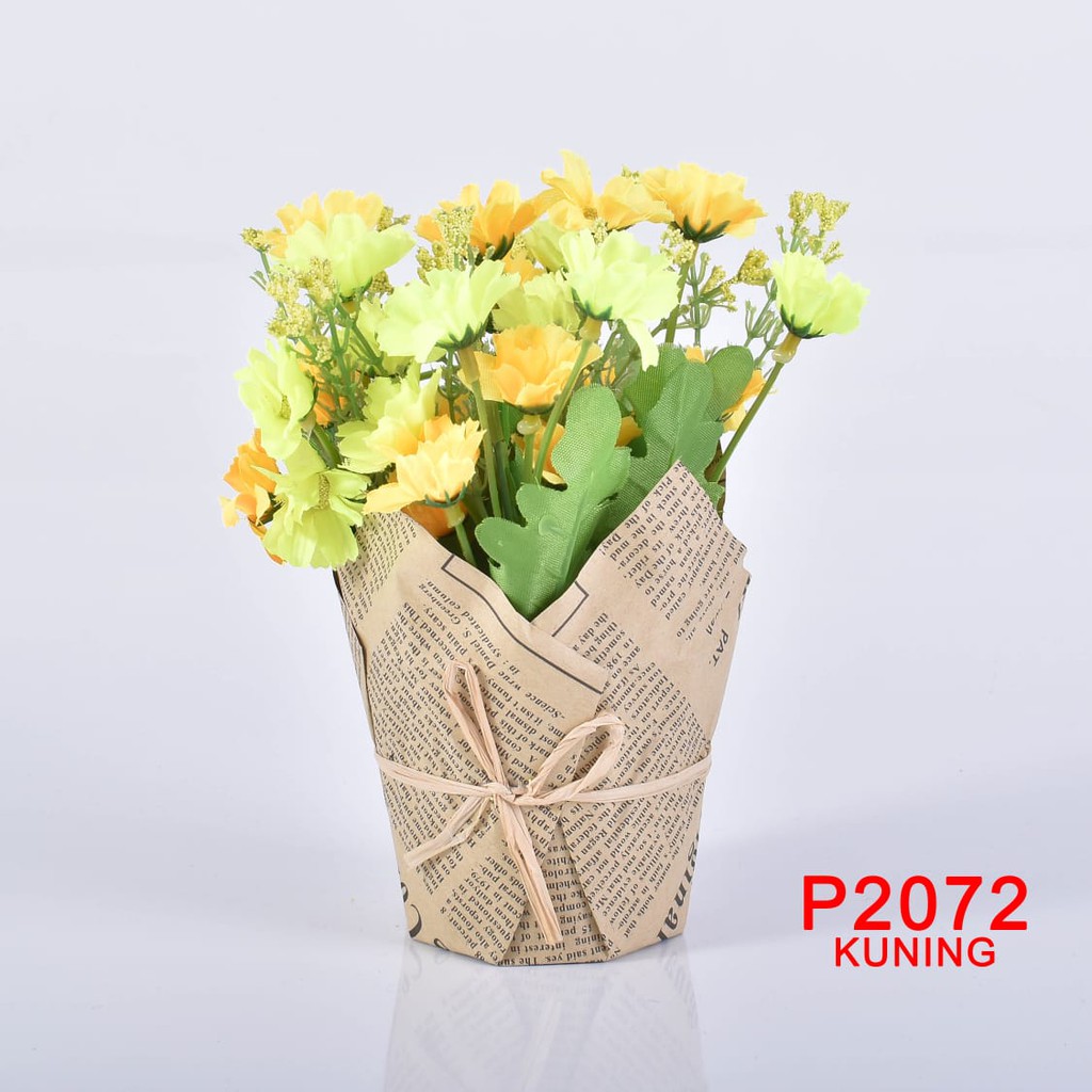 COD / HMPU Bunga Palsu Flower Artificial Bunga PLastik Import Pot Model Koran 3 Warna P2072-KUNING
