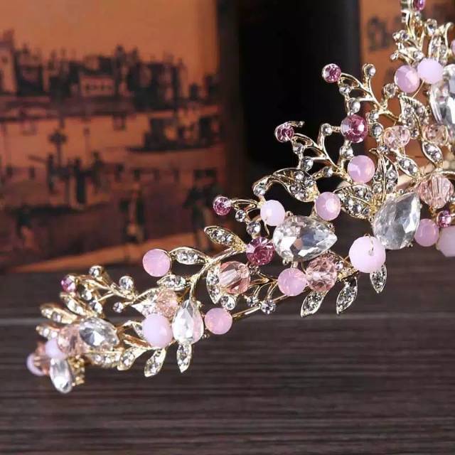 FerenHongXia Banfo tiara handmate+anting tusuk kristal warna emas pink