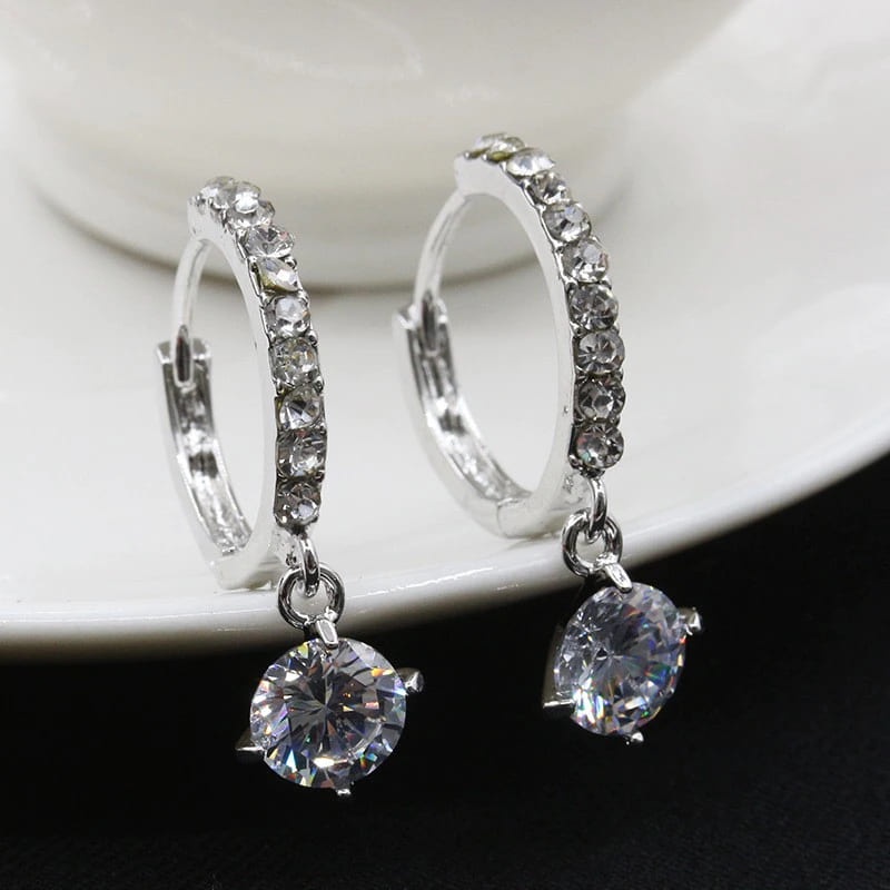 Anting Tusuk Silver Gantung Kristal Permata Solitare Elegan 1 Pasang ala Wanita Korea Dalika