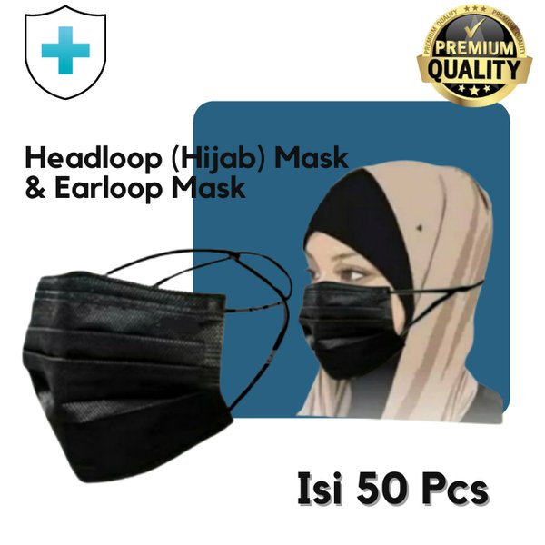 masker hijab hitam 3ply premium headloop facemask isi 50pcs