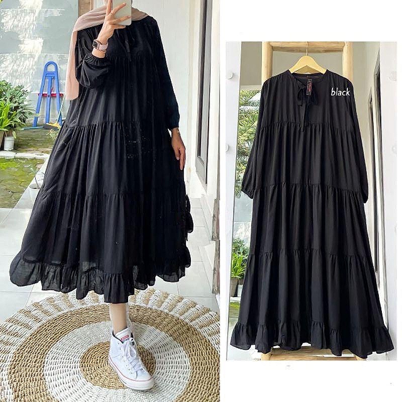 Tunik Midi Dress Wanita Rempel Susun Rayon Premium - Midi Dress Terbaru - Dress Lengan Panjang Busui Friendly