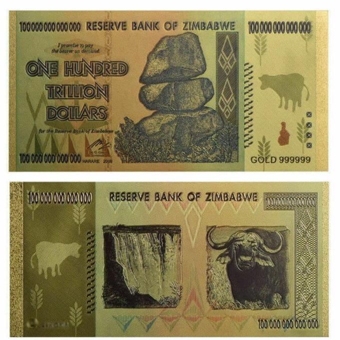 Zimbabwe Gold Foil 100 000 000 000 000 Dollar Souvenir Per 1 Pcs KPL040