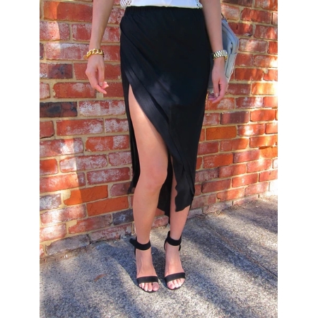 HELLO PARRY Talia Jersey Midi Skirt With Thigh Split - BLACK