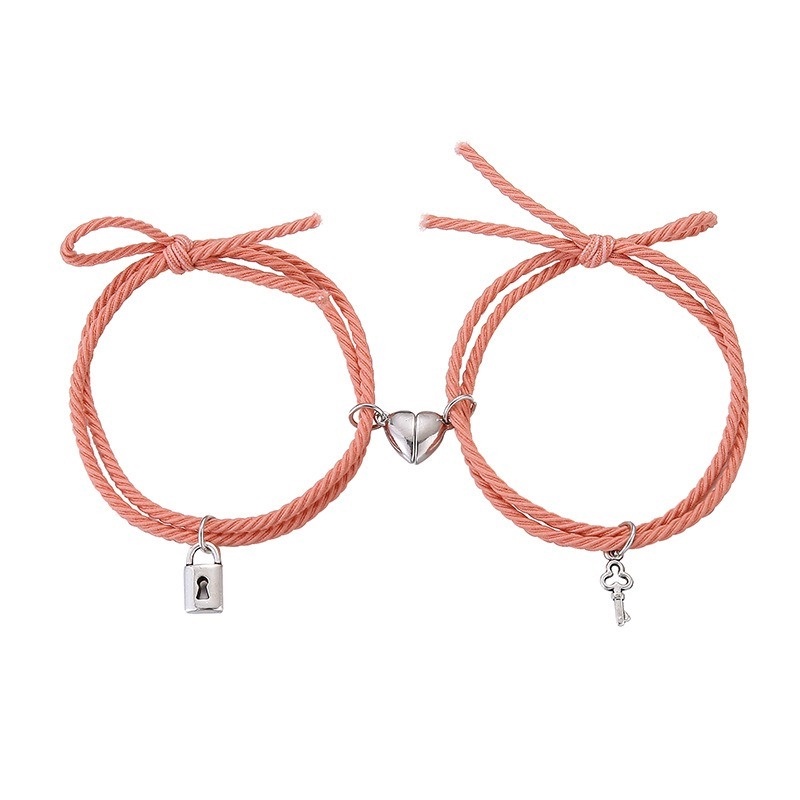 1 Pasang Gelang Tali Kepang Hias Liontin Kunci Hati Magnetik Menarik Untuk Wanita
