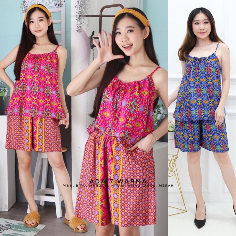 Set Piyama Baju Tidur Wanita Batik Stelan Lengan Tali Serot