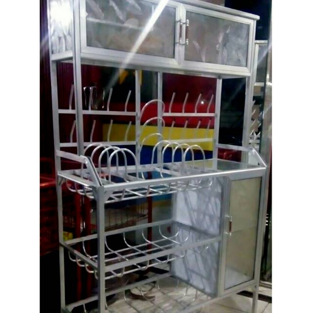 Rak Piring Aluminium 3 Sap Box Atas 2 Pintu Samping 1 Pintu Kaca Es 100-160