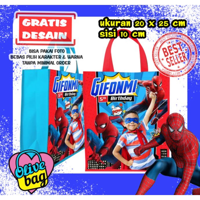 

Goodie Bag Custom Tas Souvenir Tangan Ulang Tahun Ultah Promosi Spiderman Ukuran B 20x10x25cm