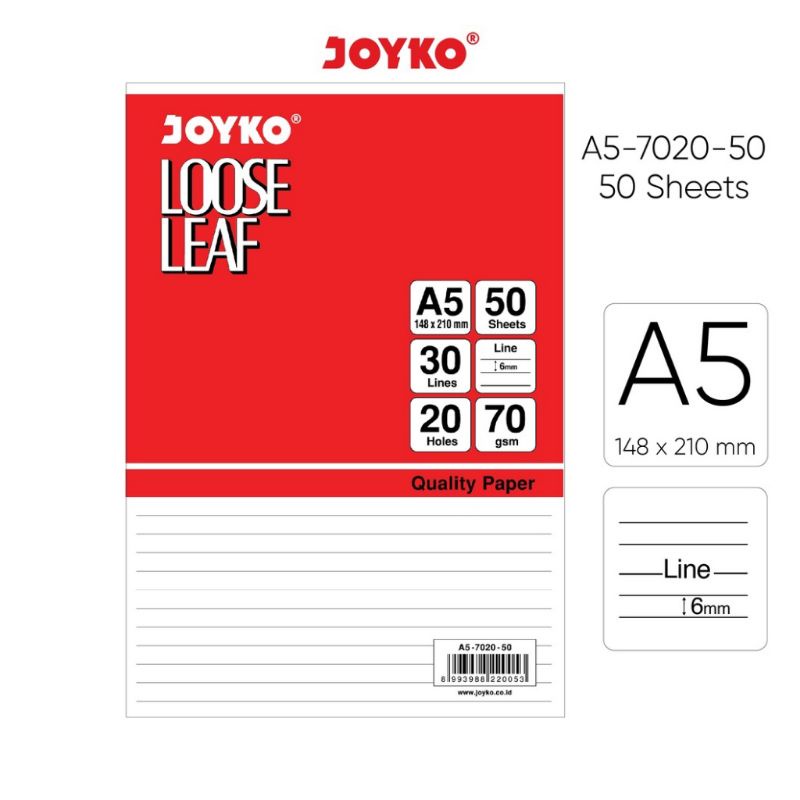 

LOOSE LEAF PAPER JOYKO GARIS LINE 50 SHEETS / KERTAS BINDER BERGARIS