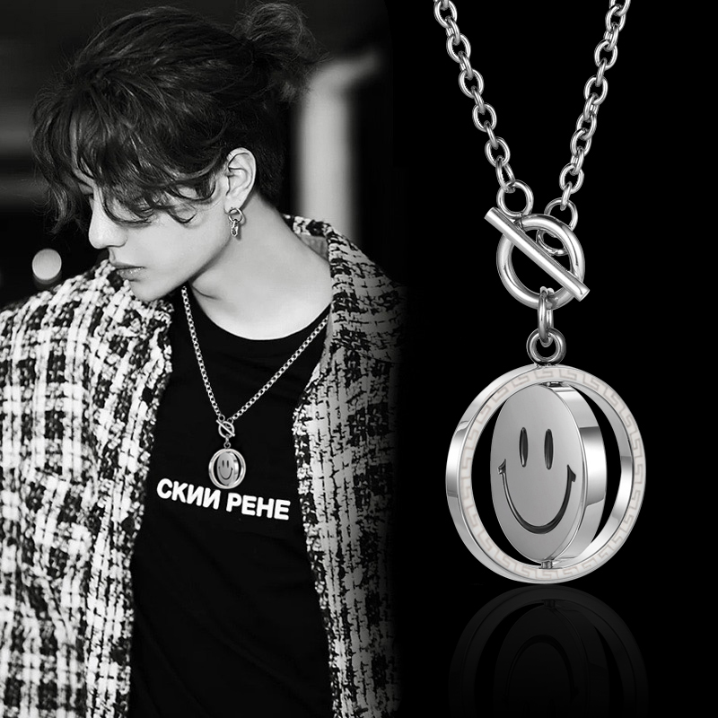 Hip-hop Double-sided Mood Pendant Rotating Smiley Face Necklace