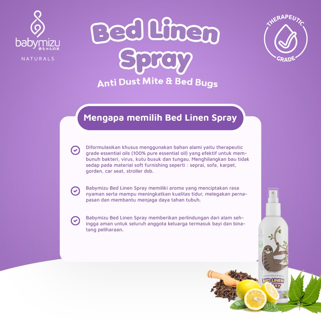 BABYMIZU Bed Linen Spray Natural - Spray Anti Tungau, Kutu Kasur, Kutu Busuk, Semut, Kecoa, Anti Bacterial &amp; Anti Virus