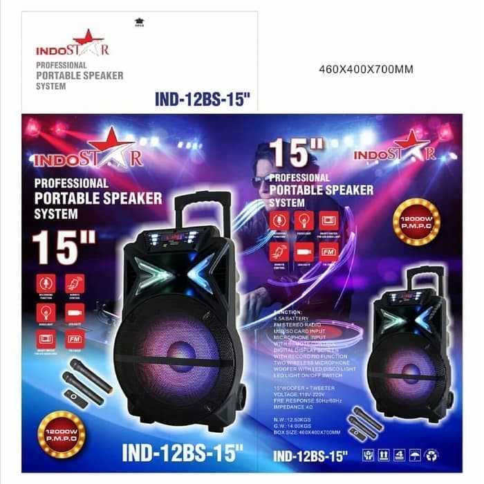 Indostar Trolley Portable Speaker System IND-12BS-15&quot; PROMO MURAH