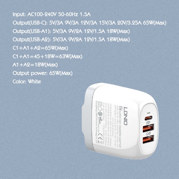 LDNIO A3511Q - 65W Super Fast Charging Adapter 3 USB Port PD QC 3.0