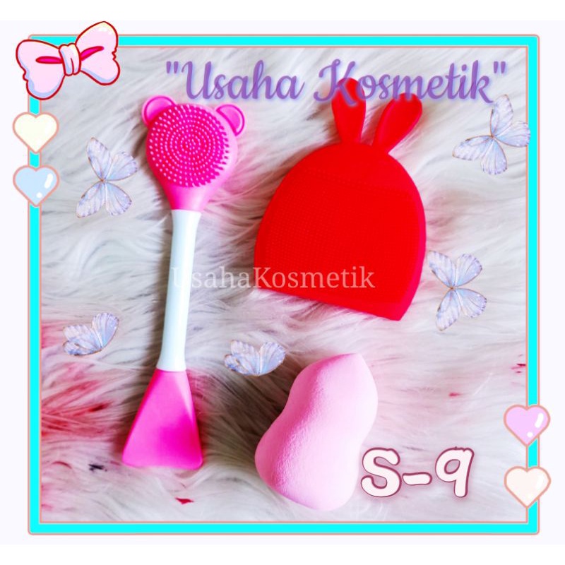 PROMO PERPACK!! PAKET SET ALAT CUCI MUKA SILIKON+SPATULA MASKER+BEAUTY BLENDER PAKET 3 IN 1 HEMAT BEST SELLER NO. S-9/S-10/S-11