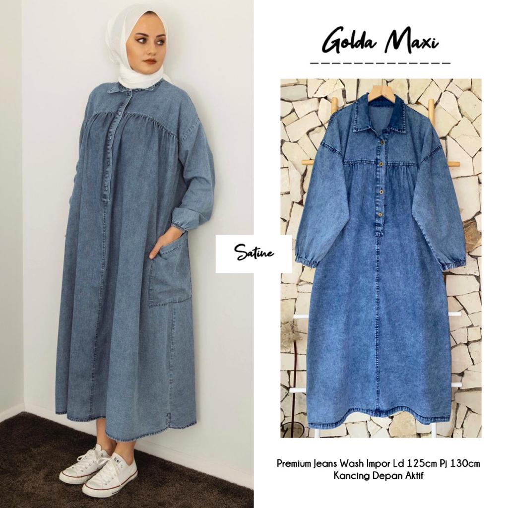 Dress Denim Wanita Muslim Jumbo Ld 110 ld 120 Panjang 130 Premium Jeans Wash Impor Kancing Depan Akt