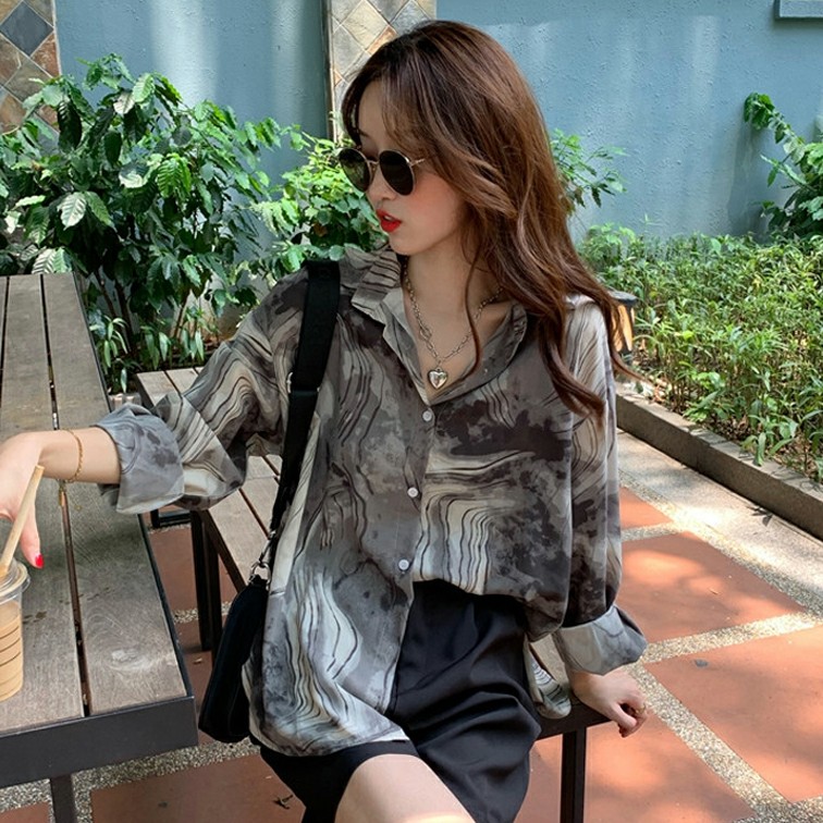 yikoo-Kemeja korea lengan panjang bermotif vintage shirt atasan blouse wanita