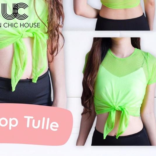 ➬ Bow crop tulle ( outer saja ) / atasan senam / kaos olahraga / baju tulle / atasan yoga ♦