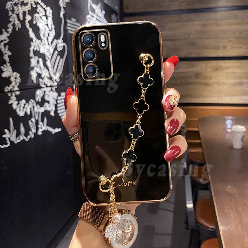 Soft Case Silikon Motif Daun Clover Dengan Gelang Untuk OPPO A95 A15S A12E A54 A16 A15 A74 A94 A53 A3S A5S A7 A12 A52 A92 A55 Reno 5F 4F